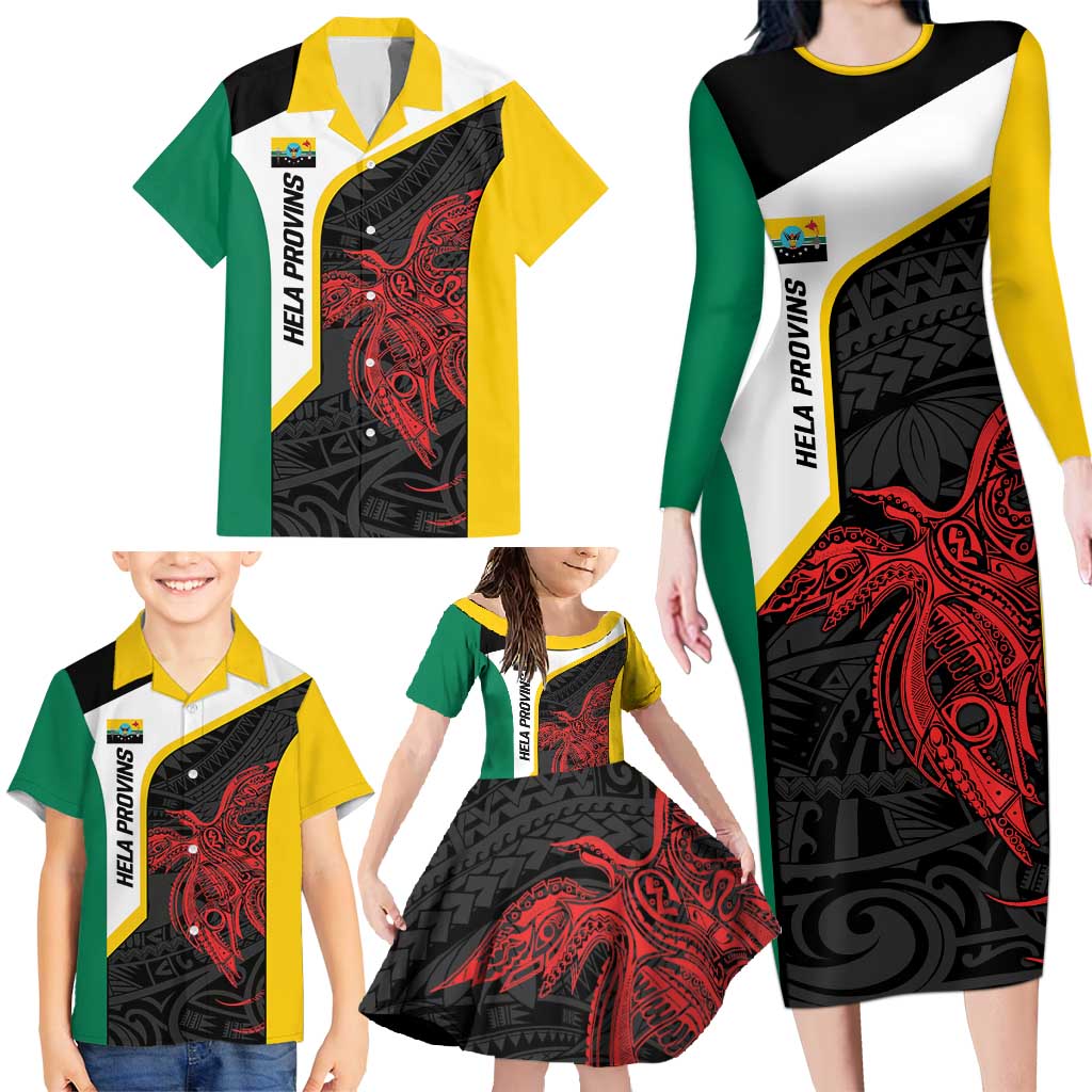 Personalised PNG Hela Province Family Matching Long Sleeve Bodycon Dress and Hawaiian Shirt Bird of Paradise Tattoo Flag Motif - Polynesian Pride