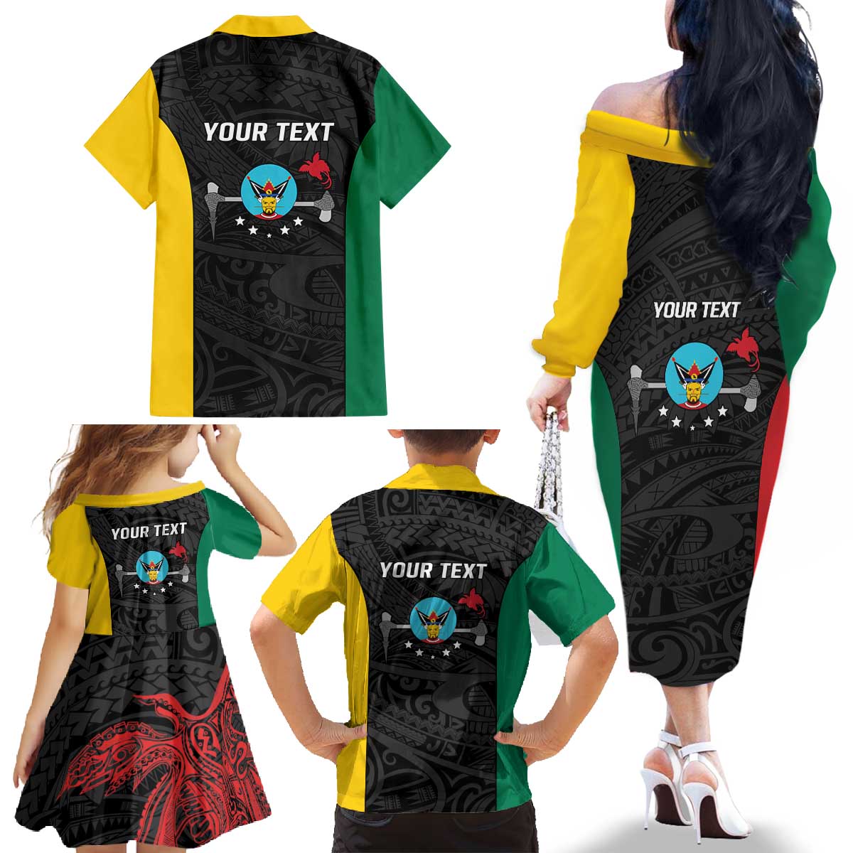 Personalised PNG Hela Province Family Matching Off The Shoulder Long Sleeve Dress and Hawaiian Shirt Bird of Paradise Tattoo Flag Motif - Polynesian Pride