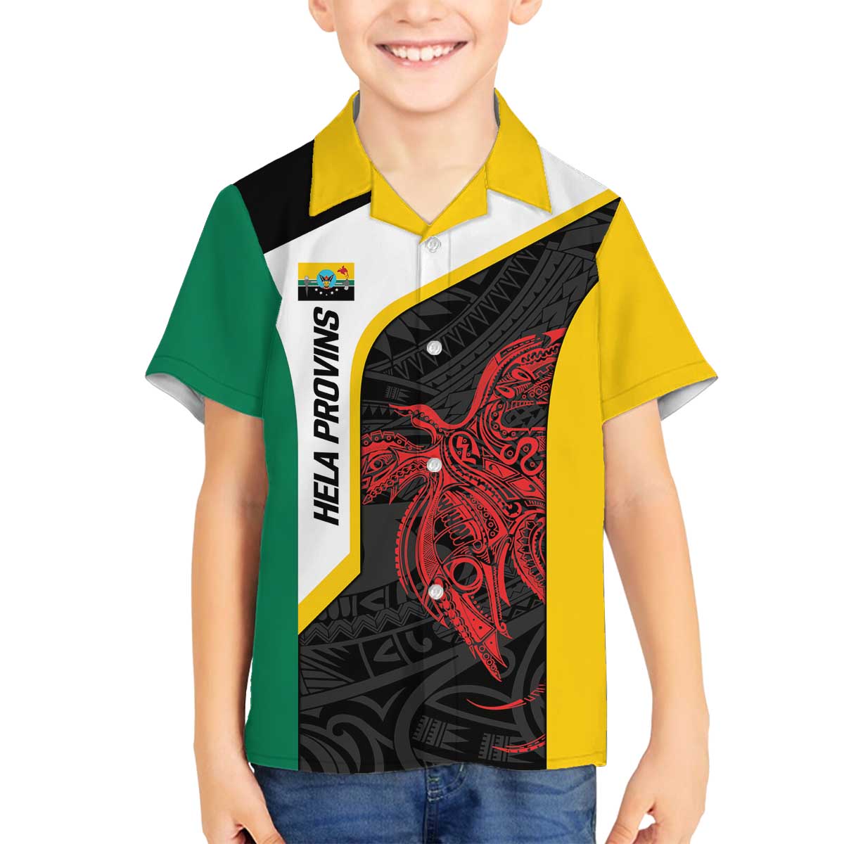 Personalised PNG Hela Province Family Matching Off The Shoulder Long Sleeve Dress and Hawaiian Shirt Bird of Paradise Tattoo Flag Motif - Polynesian Pride