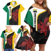 Personalised PNG Hela Province Family Matching Off Shoulder Short Dress and Hawaiian Shirt Bird of Paradise Tattoo Flag Motif - Polynesian Pride