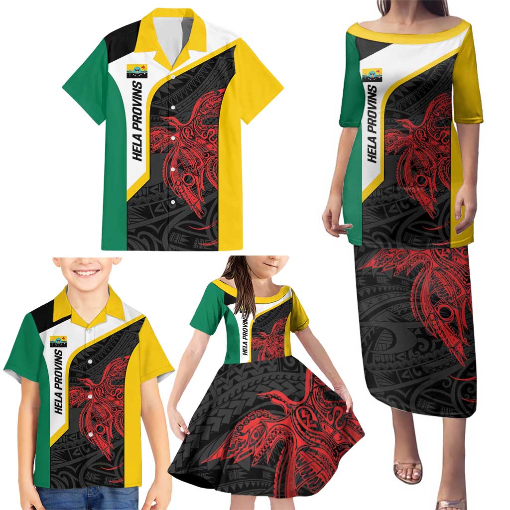 Personalised PNG Hela Province Family Matching Puletasi and Hawaiian Shirt Bird of Paradise Tattoo Flag Motif - Polynesian Pride