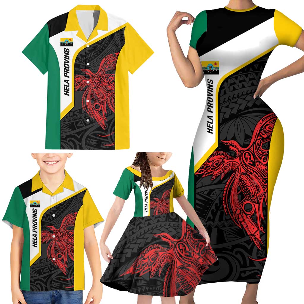 Personalised PNG Hela Province Family Matching Short Sleeve Bodycon Dress and Hawaiian Shirt Bird of Paradise Tattoo Flag Motif - Polynesian Pride