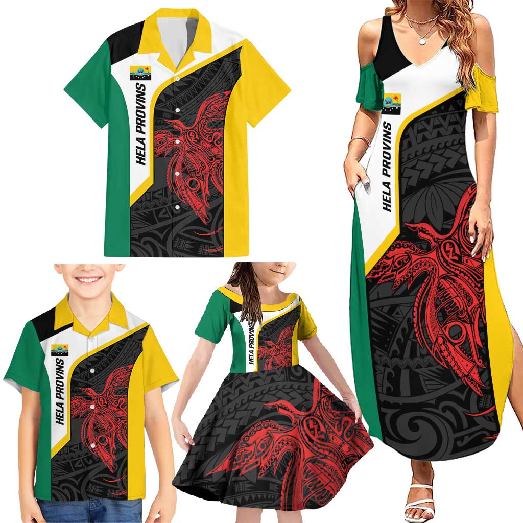 Personalised PNG Hela Province Family Matching Summer Maxi Dress and Hawaiian Shirt Bird of Paradise Tattoo Flag Motif - Polynesian Pride