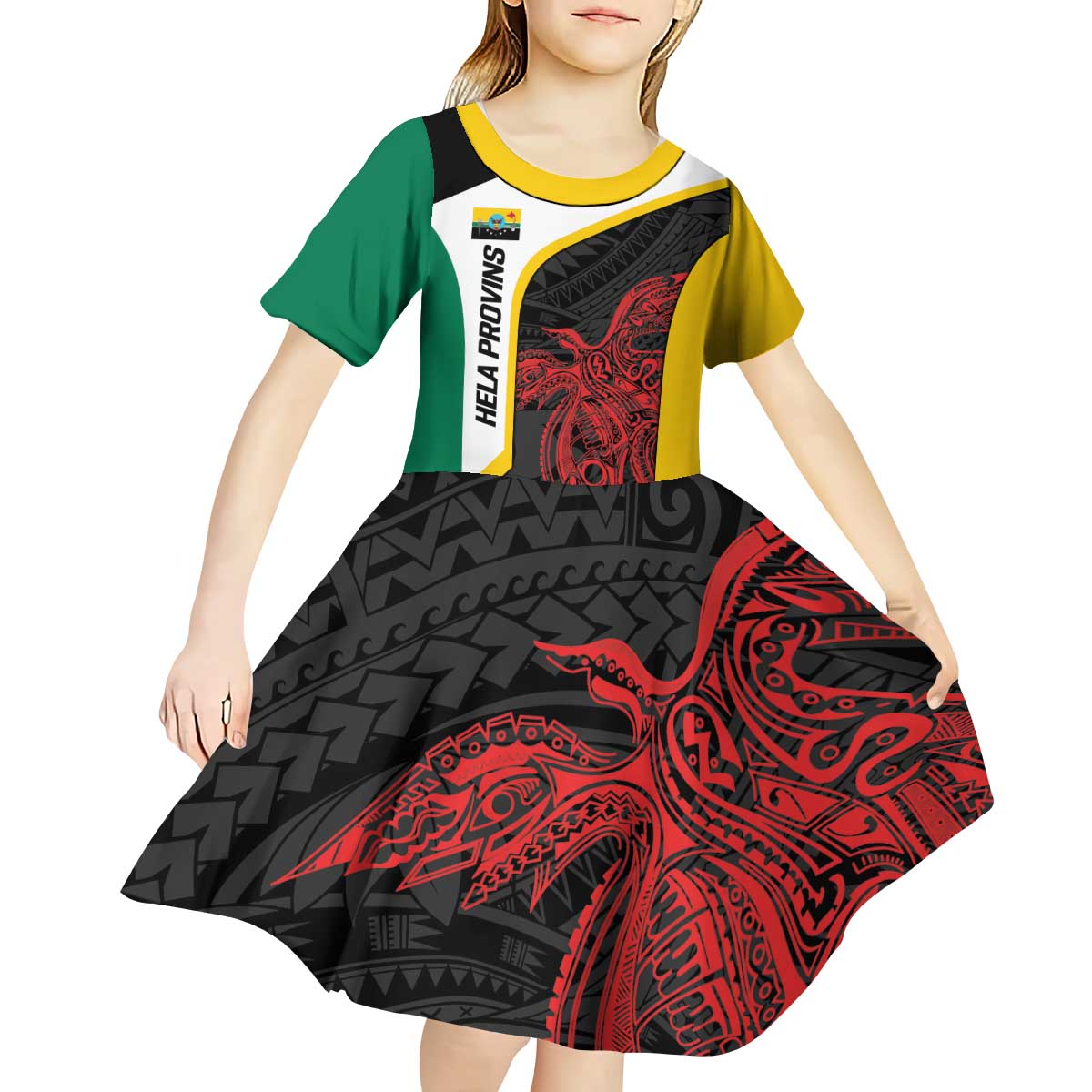 Personalised PNG Hela Province Kid Short Sleeve Dress Bird of Paradise Tattoo Flag Motif - Polynesian Pride
