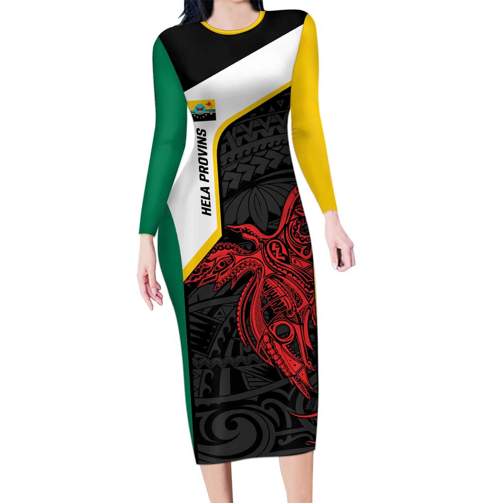 Personalised PNG Hela Province Long Sleeve Bodycon Dress Bird of Paradise Tattoo Flag Motif - Polynesian Pride