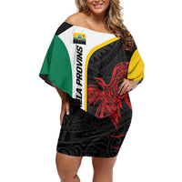 Personalised PNG Hela Province Off Shoulder Short Dress Bird of Paradise Tattoo Flag Motif - Polynesian Pride