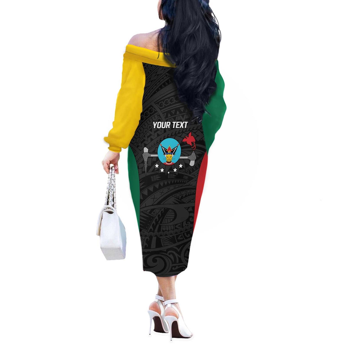 Personalised PNG Hela Province Off The Shoulder Long Sleeve Dress Bird of Paradise Tattoo Flag Motif - Polynesian Pride