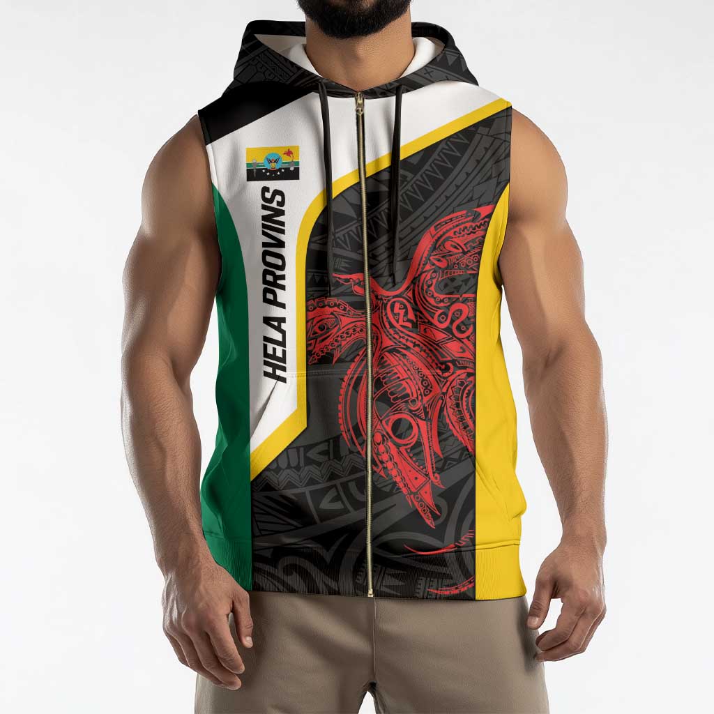 Personalised PNG Hela Province Sleeveless Zip Hoodie Bird of Paradise Tattoo Flag Motif - Polynesian Pride