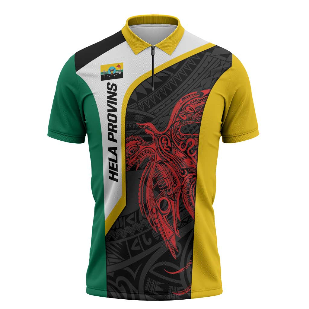 Personalised PNG Hela Province Zipper Polo Shirt Bird of Paradise Tattoo Flag Motif - Polynesian Pride