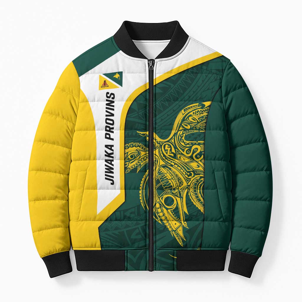 Personalised PNG Jiwaka Province Bomber Puffer Jacket Bird of Paradise Tattoo Flag Motif - Polynesian Pride