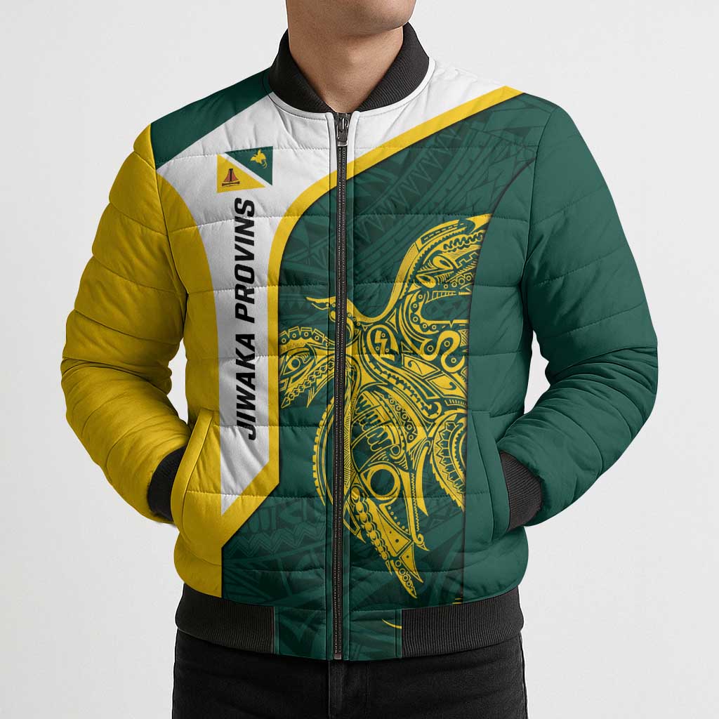 Personalised PNG Jiwaka Province Bomber Puffer Jacket Bird of Paradise Tattoo Flag Motif - Polynesian Pride