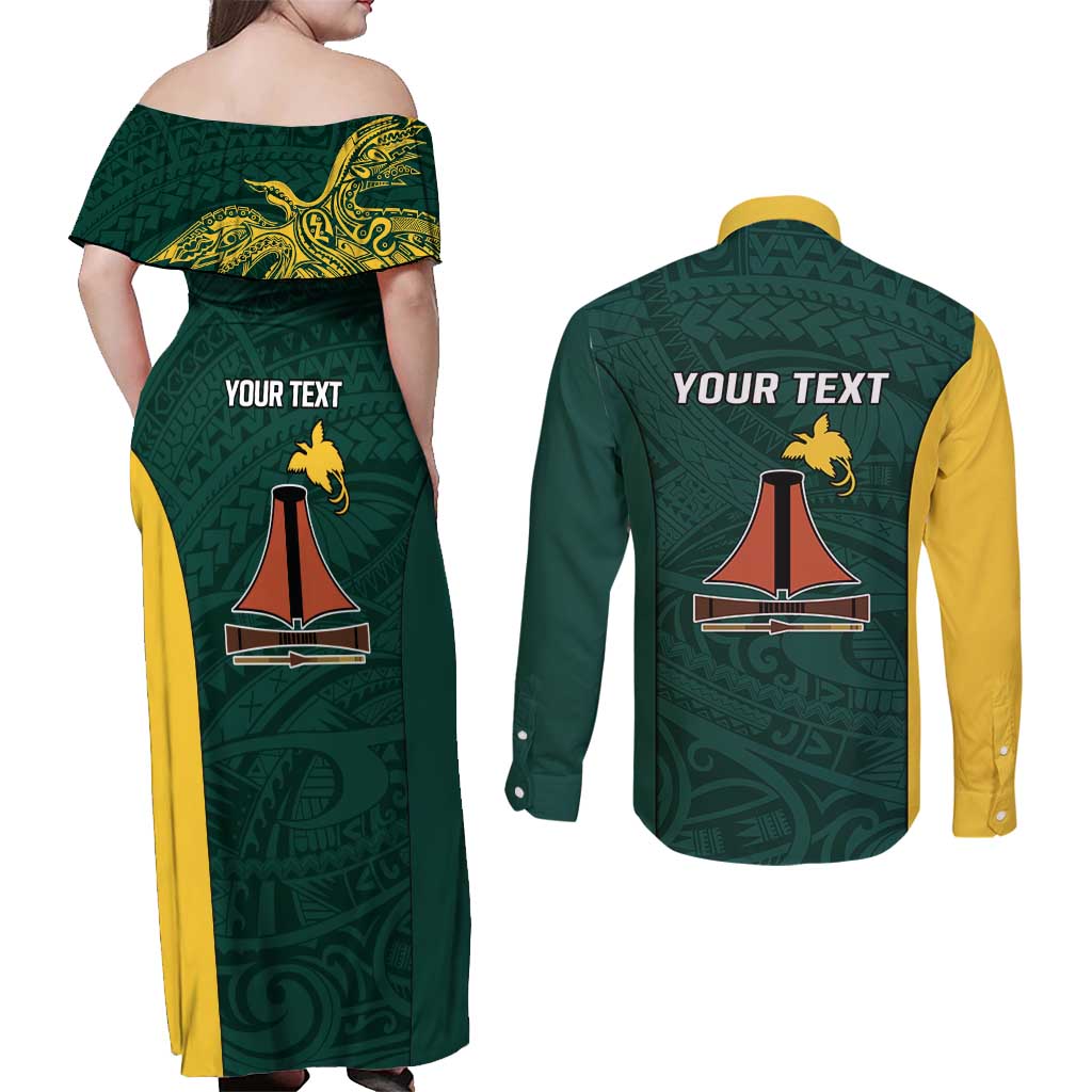 Personalised PNG Jiwaka Province Couples Matching Off Shoulder Maxi Dress and Long Sleeve Button Shirt Bird of Paradise Tattoo Flag Motif LT9 - Polynesian Pride