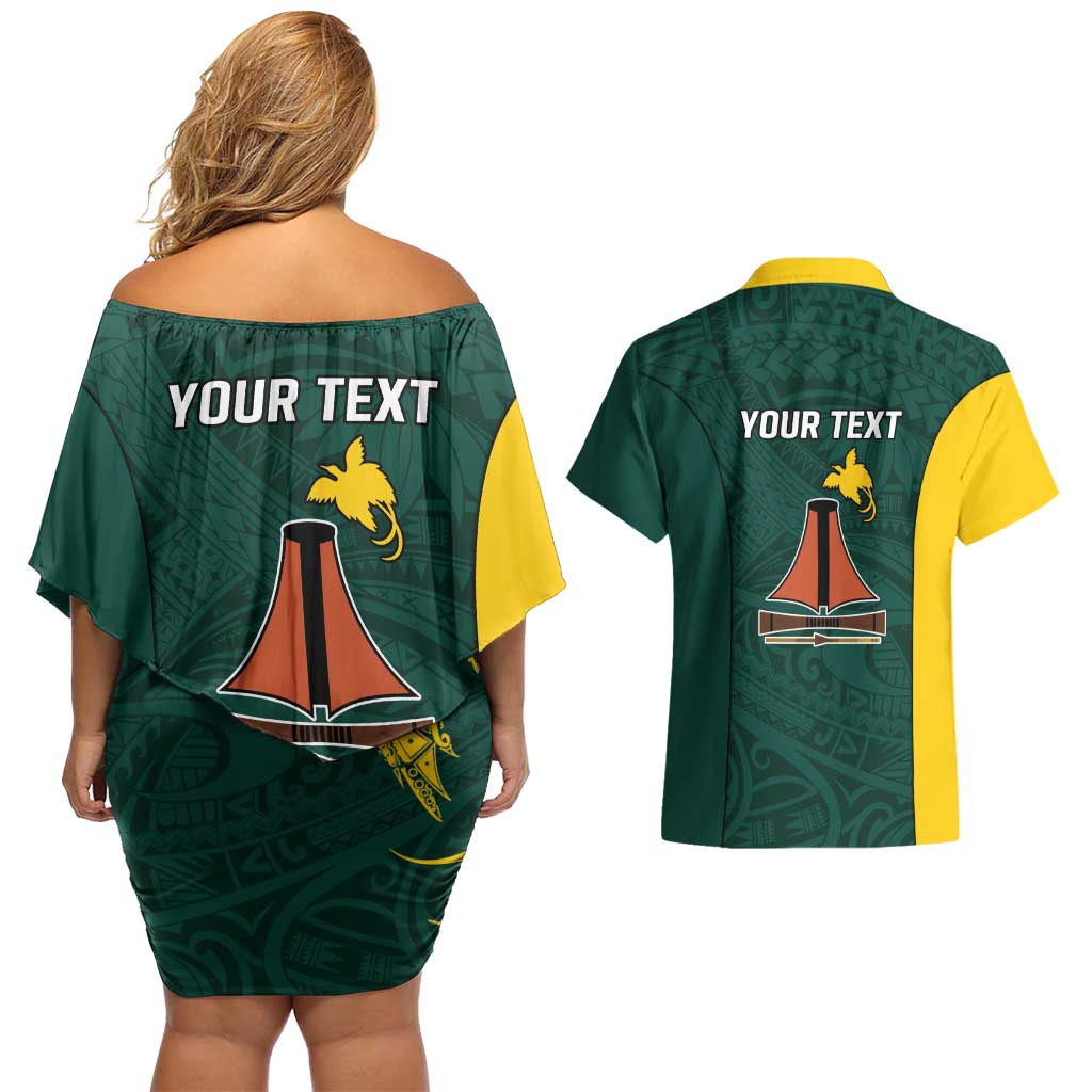 Personalised PNG Jiwaka Province Couples Matching Off Shoulder Short Dress and Hawaiian Shirt Bird of Paradise Tattoo Flag Motif LT9 - Polynesian Pride