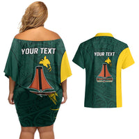 Personalised PNG Jiwaka Province Couples Matching Off Shoulder Short Dress and Hawaiian Shirt Bird of Paradise Tattoo Flag Motif LT9 - Polynesian Pride