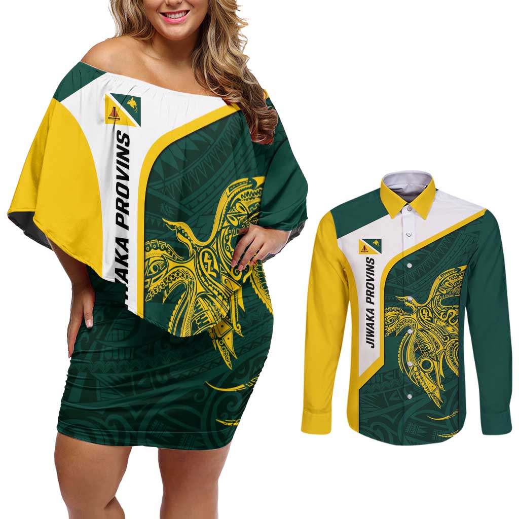 Personalised PNG Jiwaka Province Couples Matching Off Shoulder Short Dress and Long Sleeve Button Shirt Bird of Paradise Tattoo Flag Motif LT9 Green - Polynesian Pride