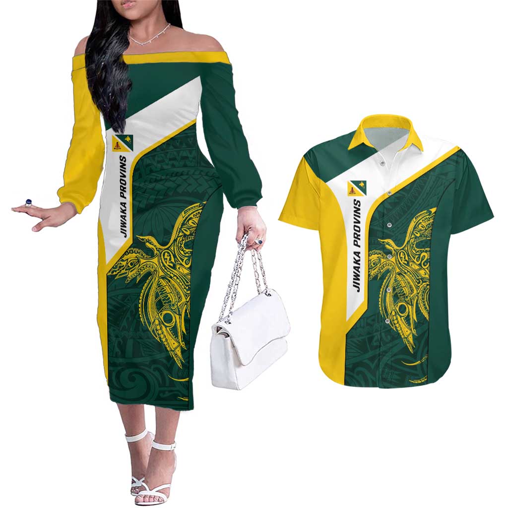 Personalised PNG Jiwaka Province Couples Matching Off The Shoulder Long Sleeve Dress and Hawaiian Shirt Bird of Paradise Tattoo Flag Motif - Polynesian Pride