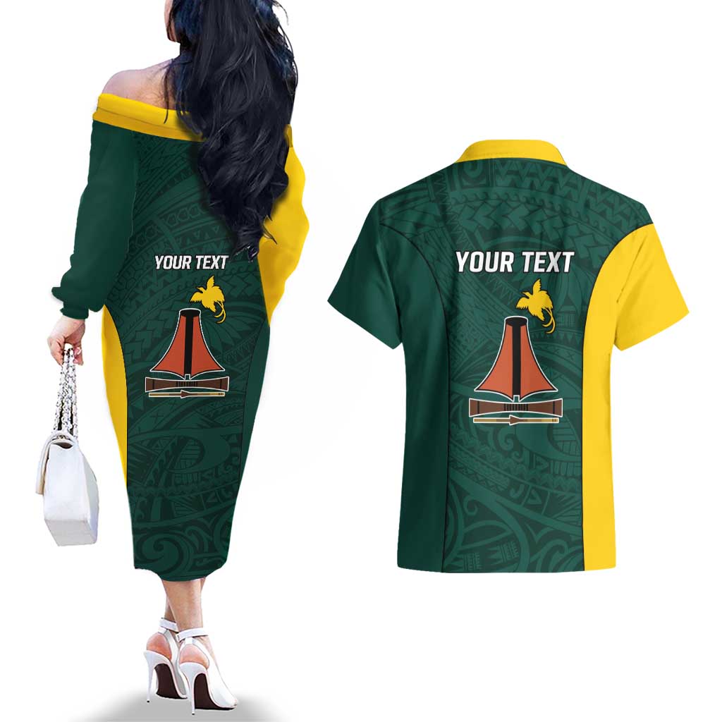 Personalised PNG Jiwaka Province Couples Matching Off The Shoulder Long Sleeve Dress and Hawaiian Shirt Bird of Paradise Tattoo Flag Motif - Polynesian Pride