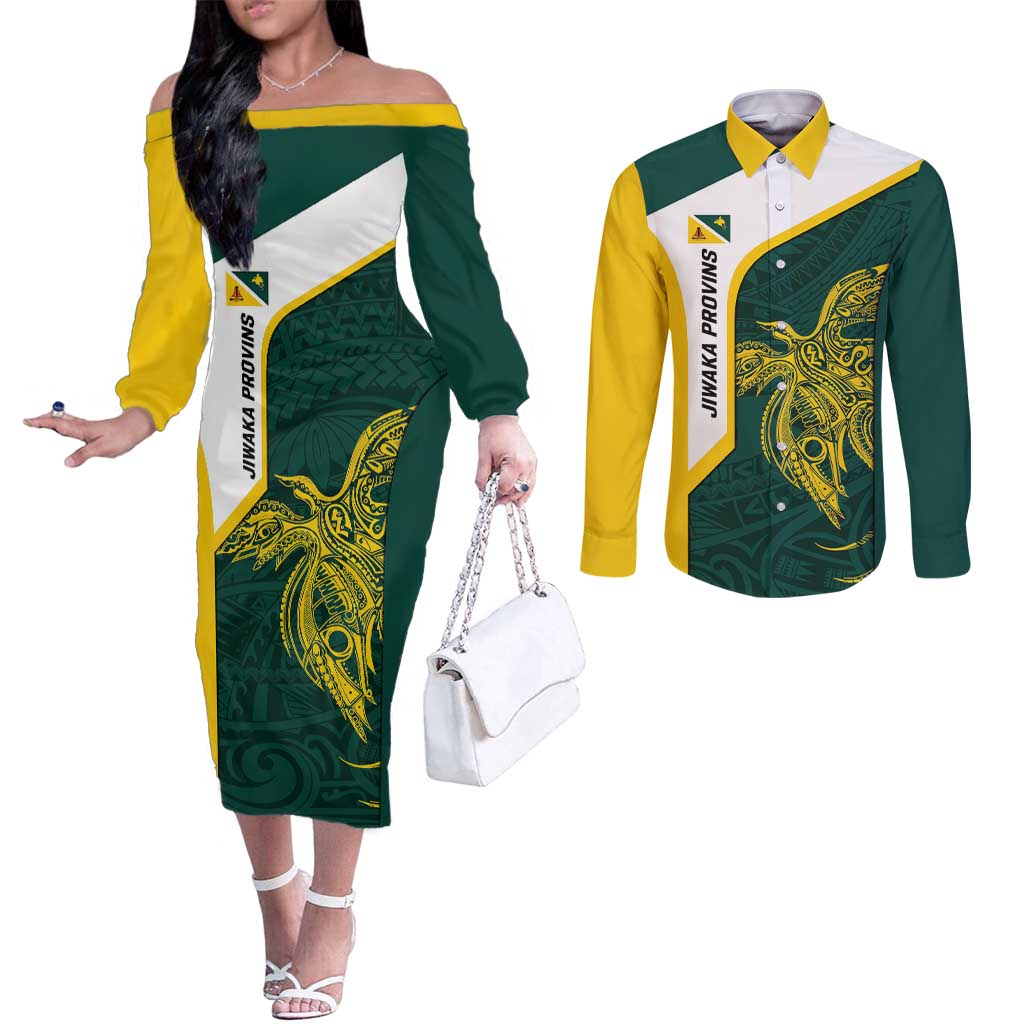 Personalised PNG Jiwaka Province Couples Matching Off The Shoulder Long Sleeve Dress and Long Sleeve Button Shirt Bird of Paradise Tattoo Flag Motif LT9 Green - Polynesian Pride