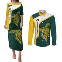 Personalised PNG Jiwaka Province Couples Matching Puletasi and Long Sleeve Button Shirt Bird of Paradise Tattoo Flag Motif LT9 Green - Polynesian Pride