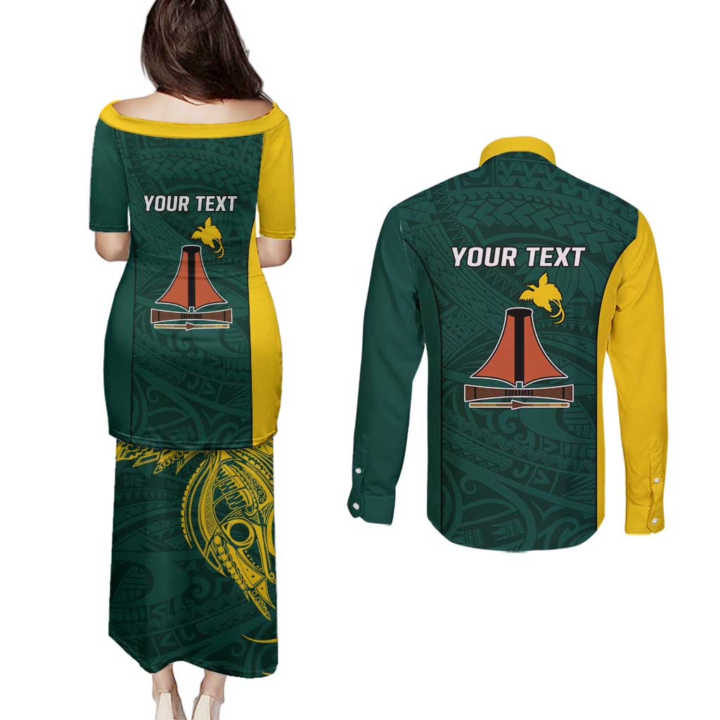 Personalised PNG Jiwaka Province Couples Matching Puletasi and Long Sleeve Button Shirt Bird of Paradise Tattoo Flag Motif LT9 - Polynesian Pride
