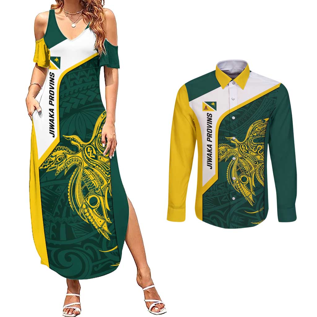 Personalised PNG Jiwaka Province Couples Matching Summer Maxi Dress and Long Sleeve Button Shirt Bird of Paradise Tattoo Flag Motif LT9 Green - Polynesian Pride