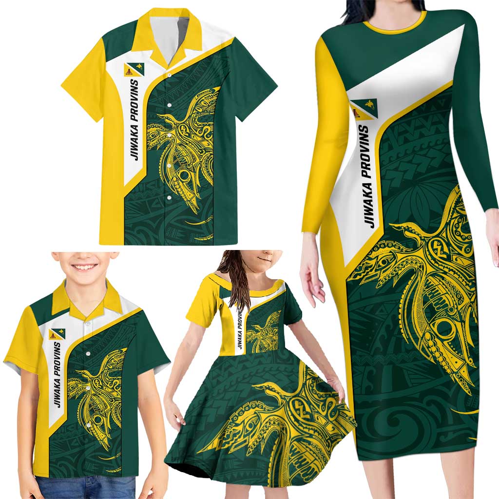Personalised PNG Jiwaka Province Family Matching Long Sleeve Bodycon Dress and Hawaiian Shirt Bird of Paradise Tattoo Flag Motif LT9 - Polynesian Pride