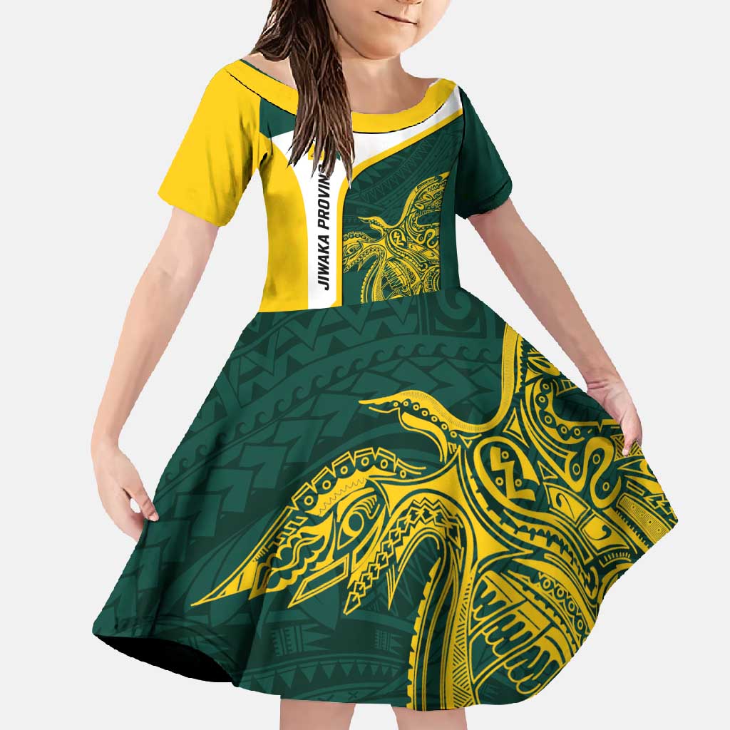 Personalised PNG Jiwaka Province Family Matching Mermaid Dress and Hawaiian Shirt Bird of Paradise Tattoo Flag Motif LT9 Daughter's Dress Green - Polynesian Pride