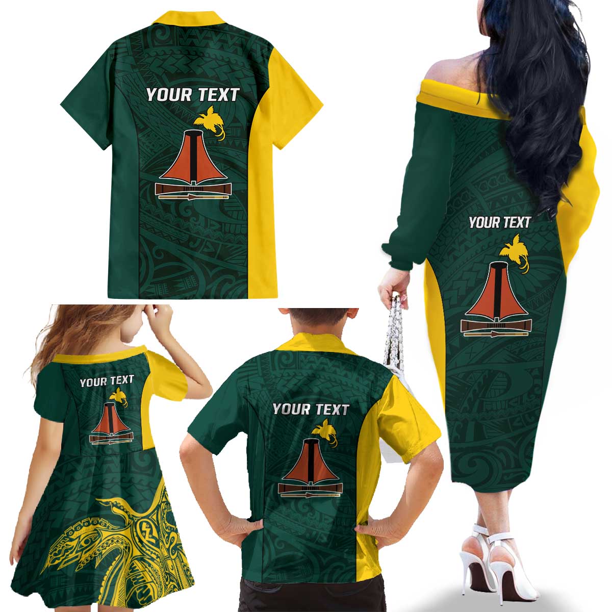 Personalised PNG Jiwaka Province Family Matching Off The Shoulder Long Sleeve Dress and Hawaiian Shirt Bird of Paradise Tattoo Flag Motif - Polynesian Pride