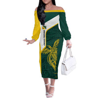Personalised PNG Jiwaka Province Family Matching Off The Shoulder Long Sleeve Dress and Hawaiian Shirt Bird of Paradise Tattoo Flag Motif - Polynesian Pride