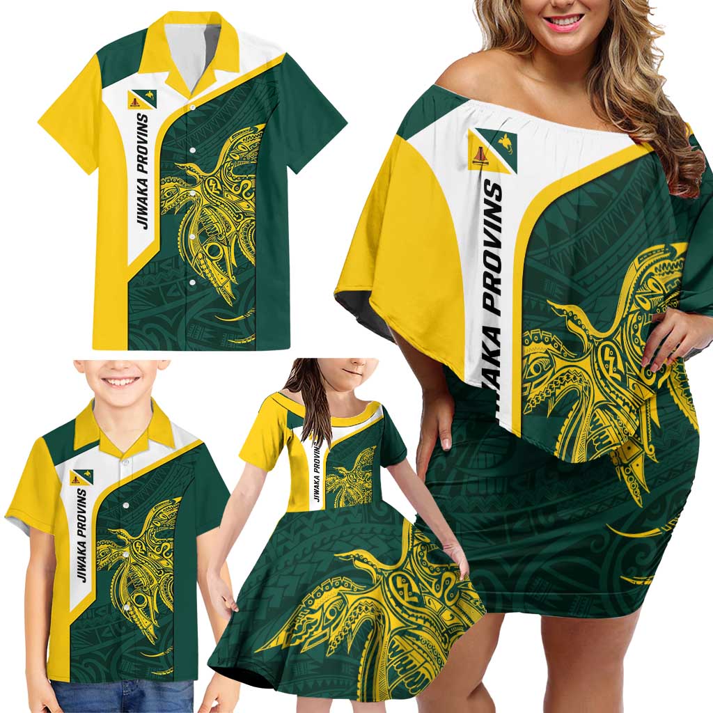 Personalised PNG Jiwaka Province Family Matching Off Shoulder Short Dress and Hawaiian Shirt Bird of Paradise Tattoo Flag Motif - Polynesian Pride