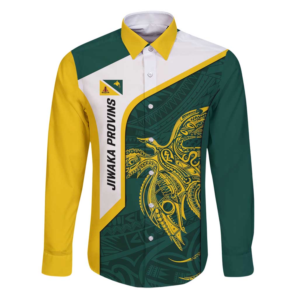 Personalised PNG Jiwaka Province Family Matching Puletasi and Hawaiian Shirt Bird of Paradise Tattoo Flag Motif LT9 Dad's Shirt - Long Sleeve Green - Polynesian Pride