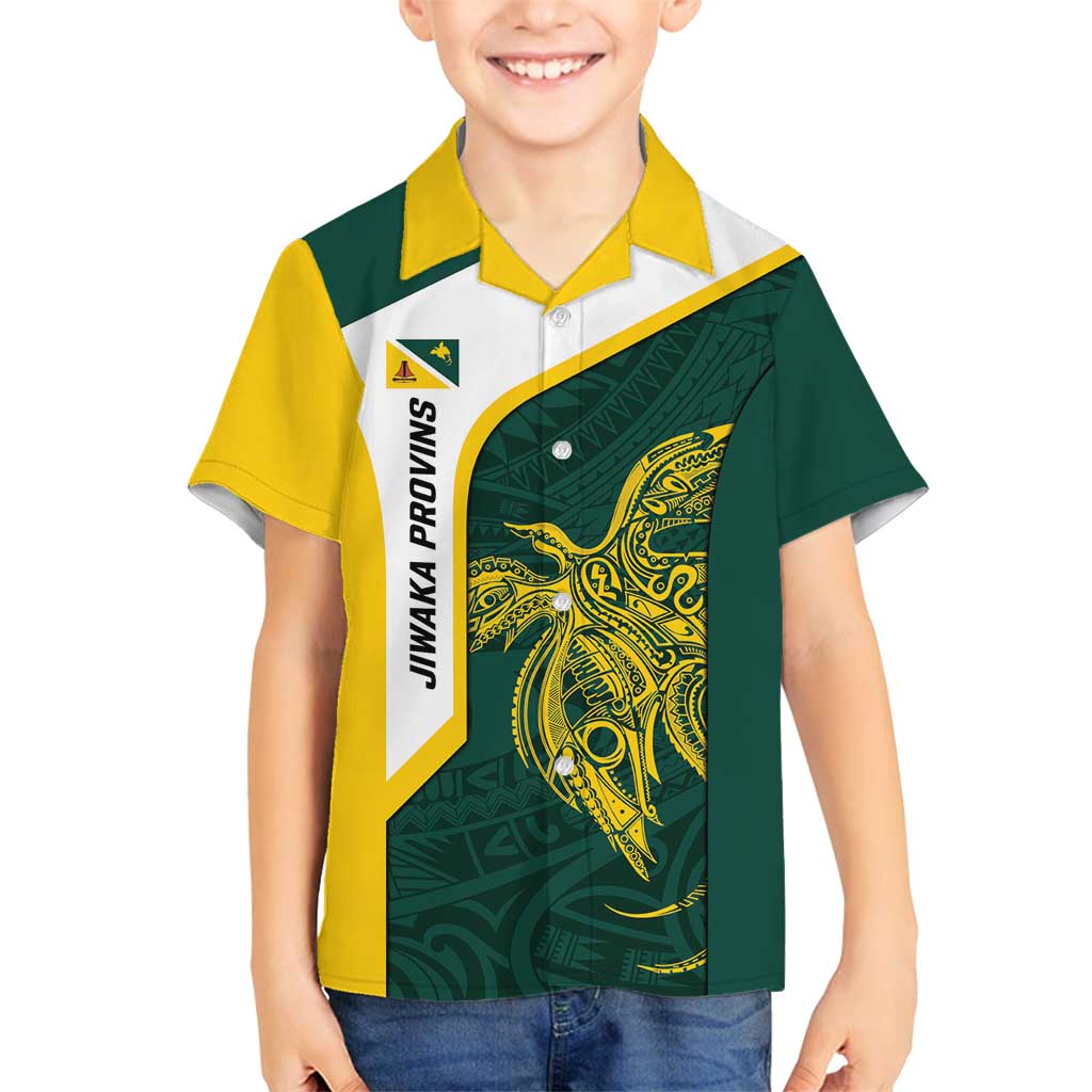 Personalised PNG Jiwaka Province Family Matching Summer Maxi Dress and Hawaiian Shirt Bird of Paradise Tattoo Flag Motif LT9 Son's Shirt Green - Polynesian Pride