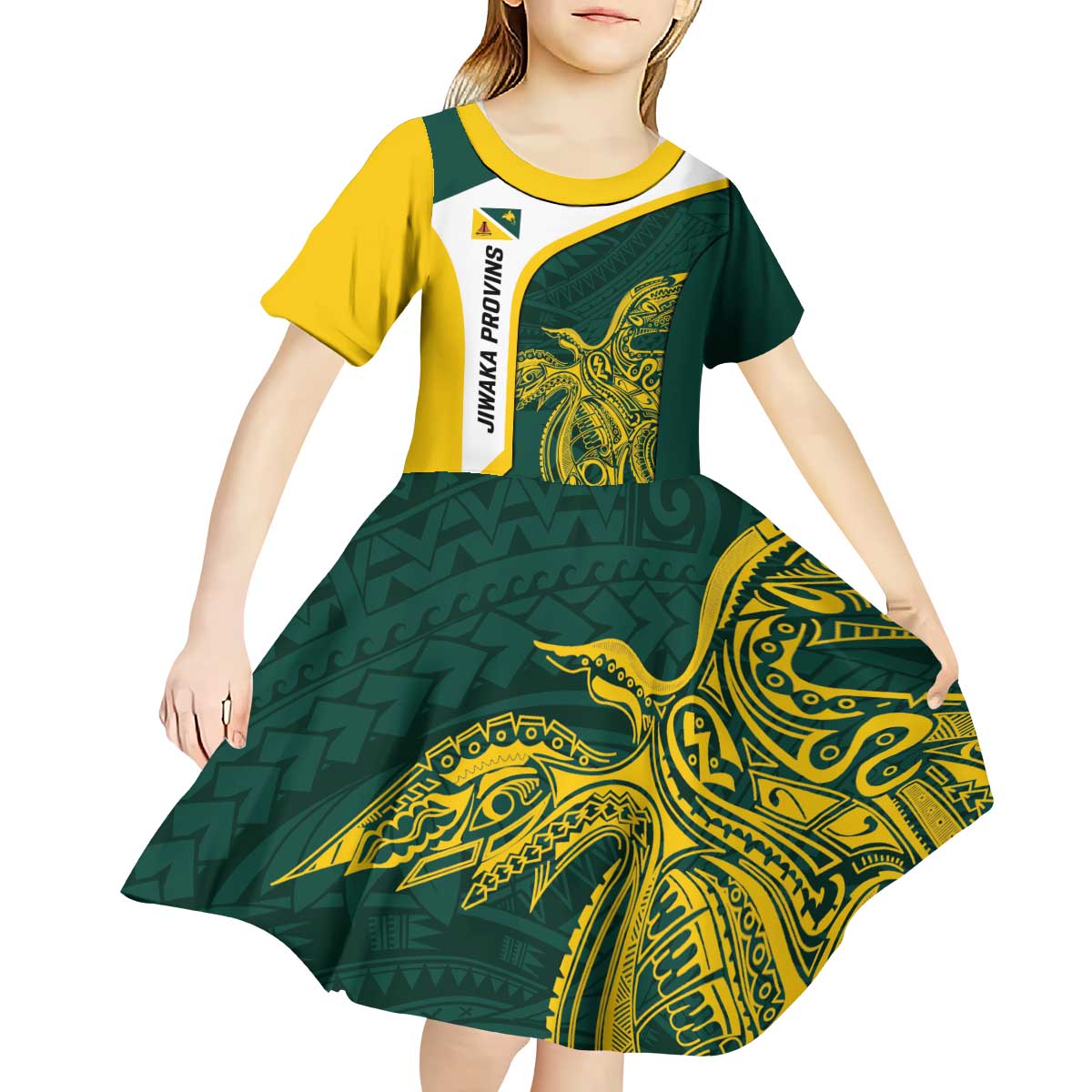 Personalised PNG Jiwaka Province Kid Short Sleeve Dress Bird of Paradise Tattoo Flag Motif - Polynesian Pride