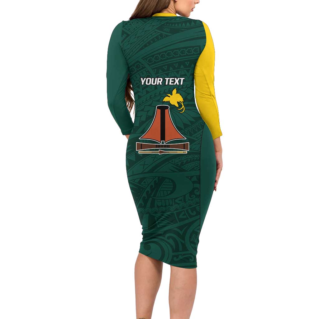 Personalised PNG Jiwaka Province Long Sleeve Bodycon Dress Bird of Paradise Tattoo Flag Motif - Polynesian Pride
