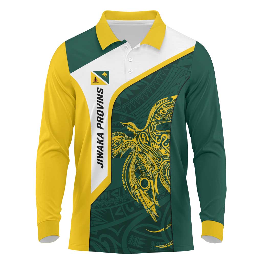 Personalised PNG Jiwaka Province Long Sleeve Polo Shirt Bird of Paradise Tattoo Flag Motif LT9 Green - Polynesian Pride