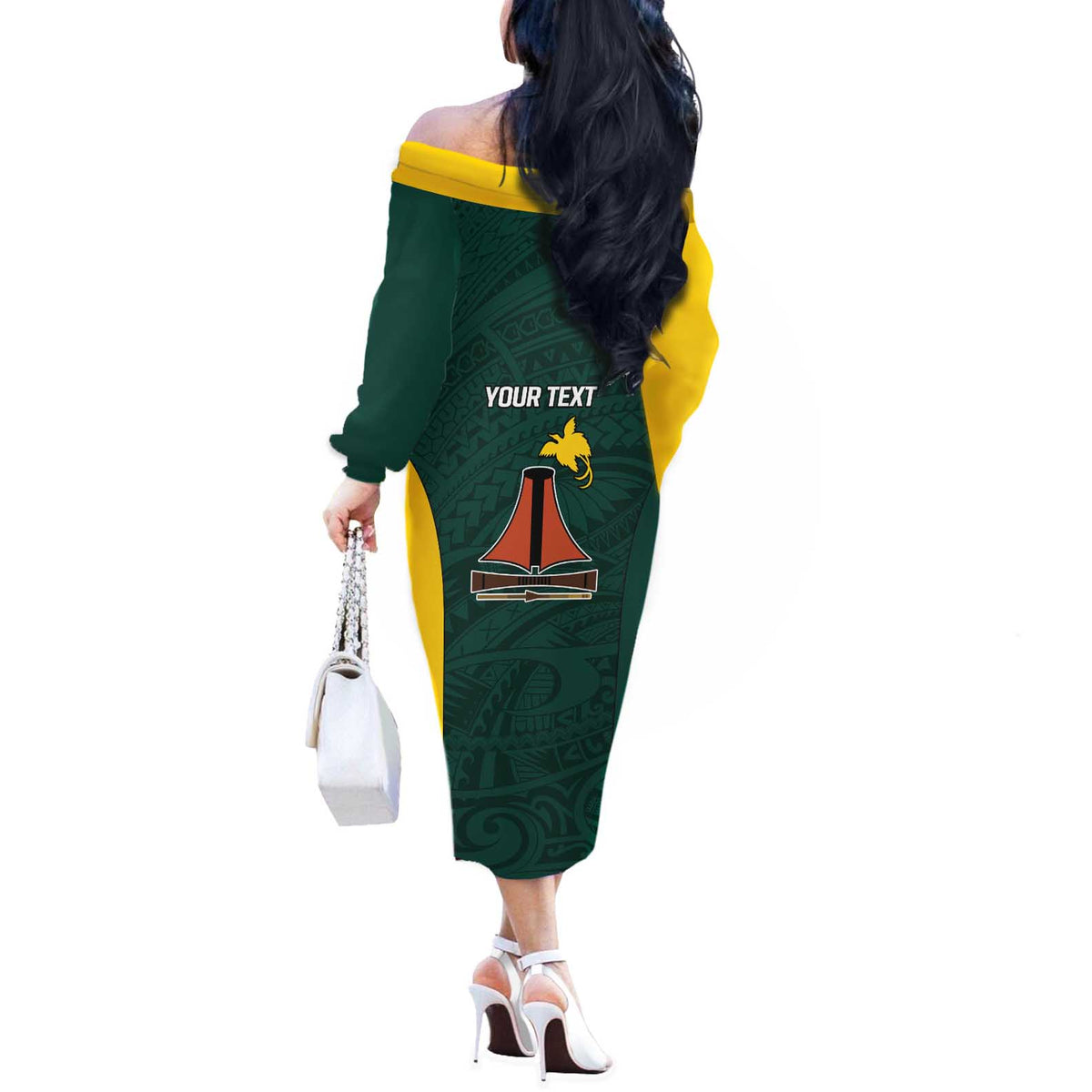 Personalised PNG Jiwaka Province Off The Shoulder Long Sleeve Dress Bird of Paradise Tattoo Flag Motif - Polynesian Pride