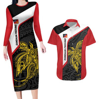 Personalised PNG Sandaun Province Couples Matching Long Sleeve Bodycon Dress and Hawaiian Shirt Bird of Paradise Tattoo Flag Motif - Polynesian Pride