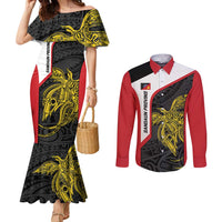 Personalised PNG Sandaun Province Couples Matching Mermaid Dress and Long Sleeve Button Shirt Bird of Paradise Tattoo Flag Motif - Polynesian Pride