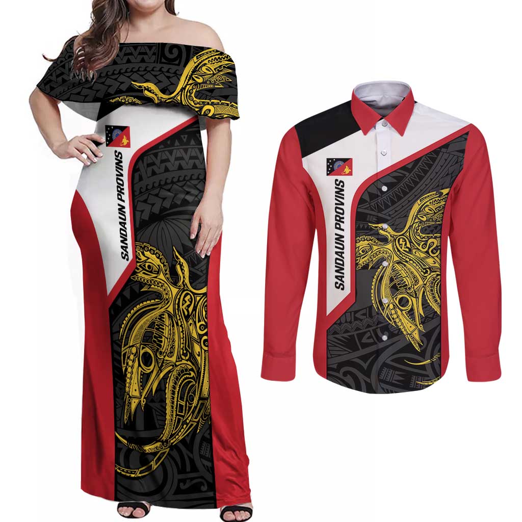 Personalised PNG Sandaun Province Couples Matching Off Shoulder Maxi Dress and Long Sleeve Button Shirt Bird of Paradise Tattoo Flag Motif - Polynesian Pride