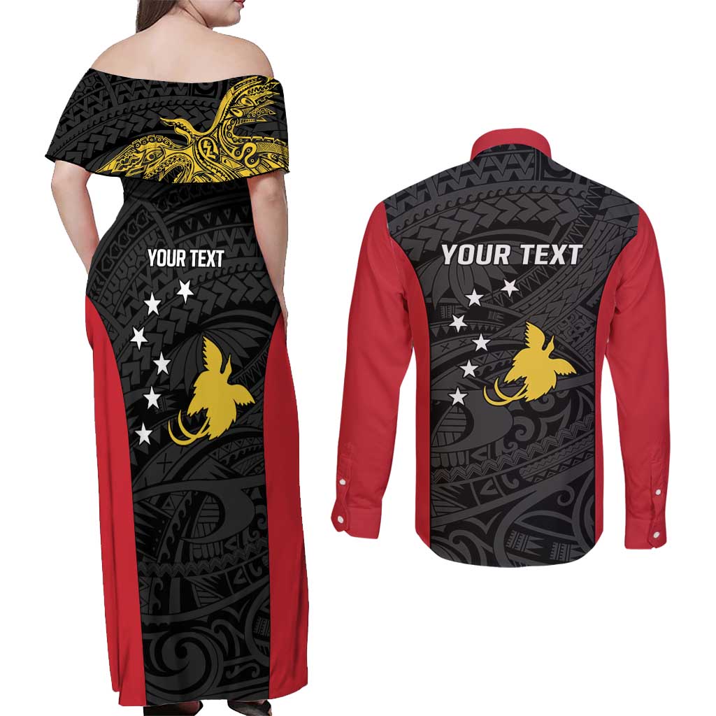 Personalised PNG Sandaun Province Couples Matching Off Shoulder Maxi Dress and Long Sleeve Button Shirt Bird of Paradise Tattoo Flag Motif - Polynesian Pride