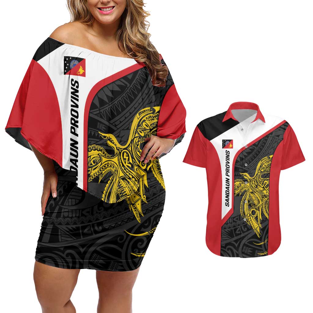 Personalised PNG Sandaun Province Couples Matching Off Shoulder Short Dress and Hawaiian Shirt Bird of Paradise Tattoo Flag Motif - Polynesian Pride