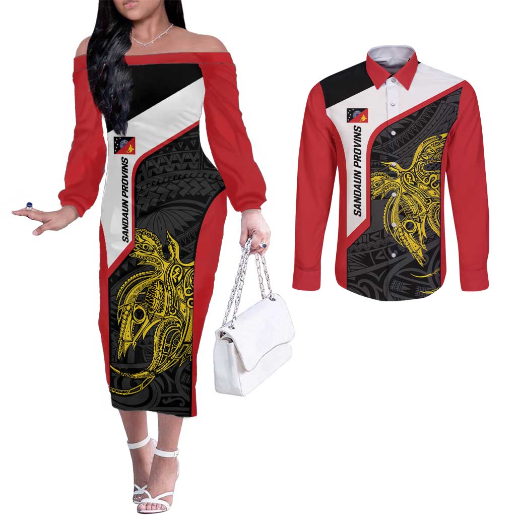 Personalised PNG Sandaun Province Couples Matching Off The Shoulder Long Sleeve Dress and Long Sleeve Button Shirt Bird of Paradise Tattoo Flag Motif - Polynesian Pride