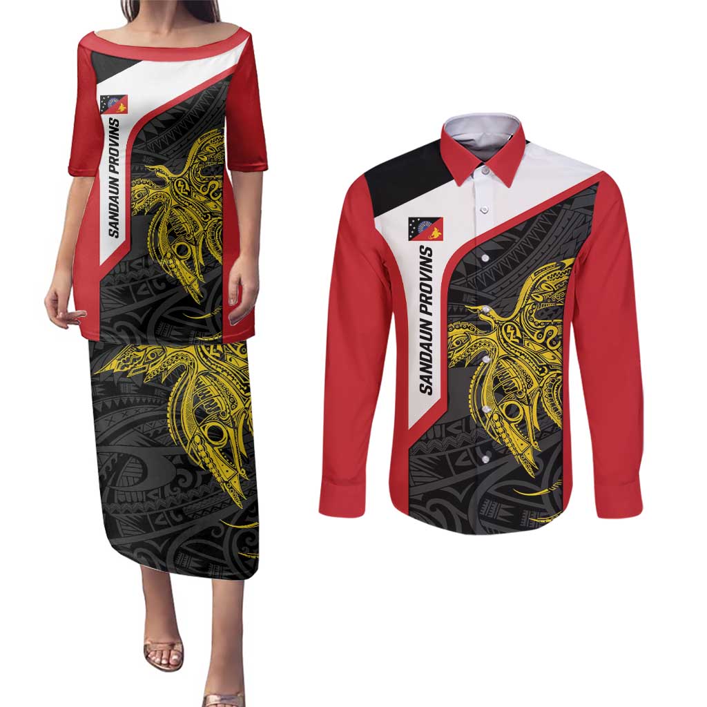 Personalised PNG Sandaun Province Couples Matching Puletasi and Long Sleeve Button Shirt Bird of Paradise Tattoo Flag Motif - Polynesian Pride