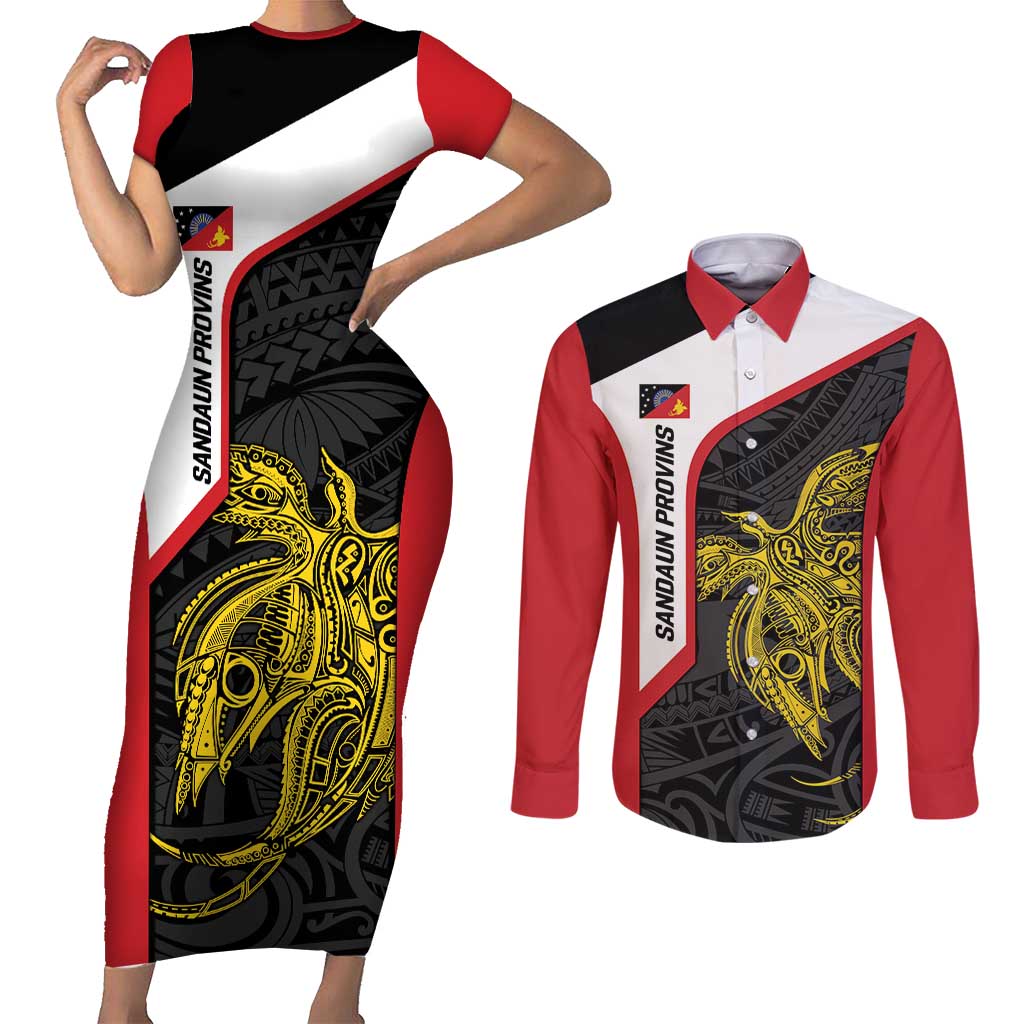 Personalised PNG Sandaun Province Couples Matching Short Sleeve Bodycon Dress and Long Sleeve Button Shirt Bird of Paradise Tattoo Flag Motif - Polynesian Pride