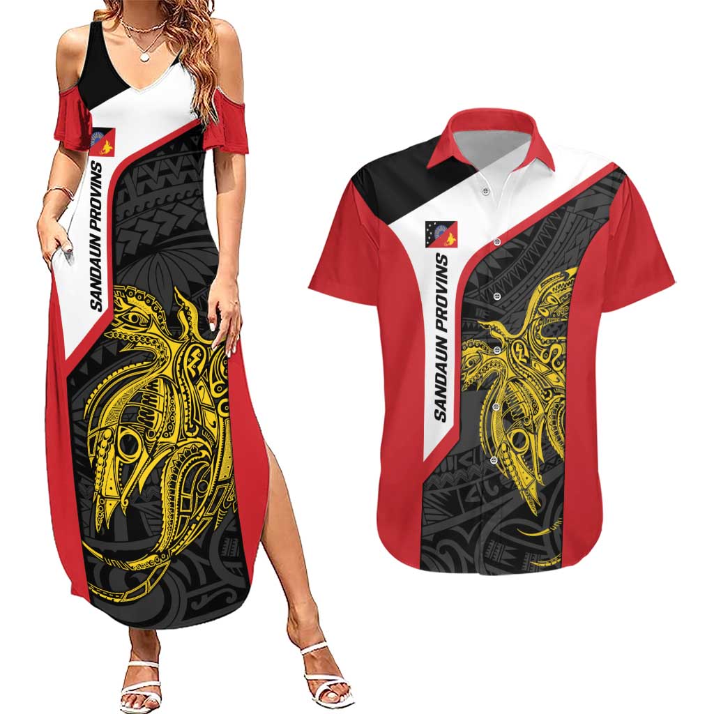 Personalised PNG Sandaun Province Couples Matching Summer Maxi Dress and Hawaiian Shirt Bird of Paradise Tattoo Flag Motif - Polynesian Pride