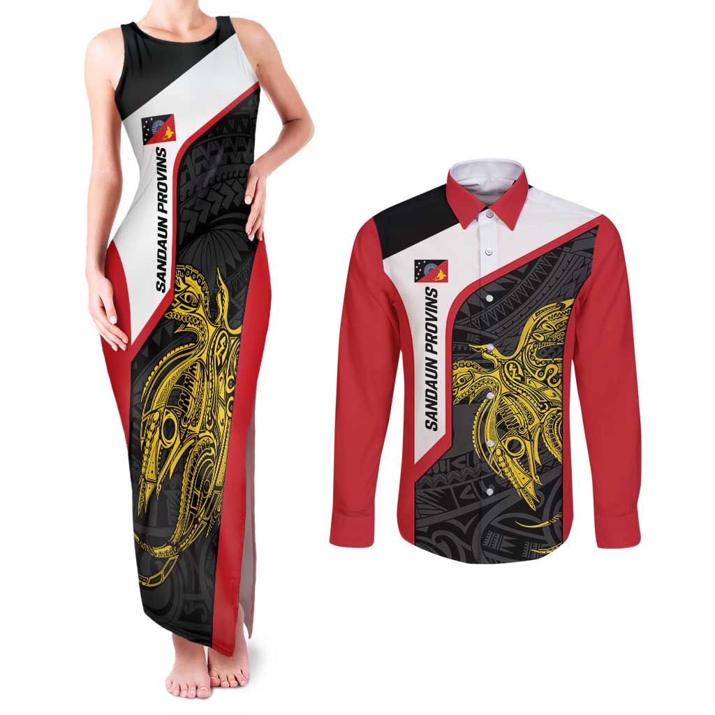 Personalised PNG Sandaun Province Couples Matching Tank Maxi Dress and Long Sleeve Button Shirt Bird of Paradise Tattoo Flag Motif - Polynesian Pride
