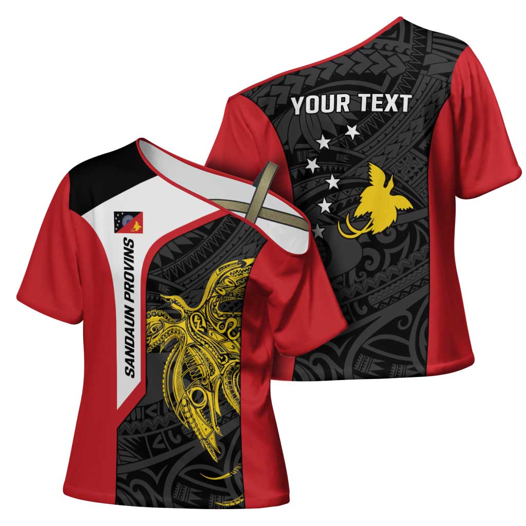 Personalised PNG Sandaun Province Cross Shoulder Shirt Bird of Paradise Tattoo Flag Motif - Polynesian Pride