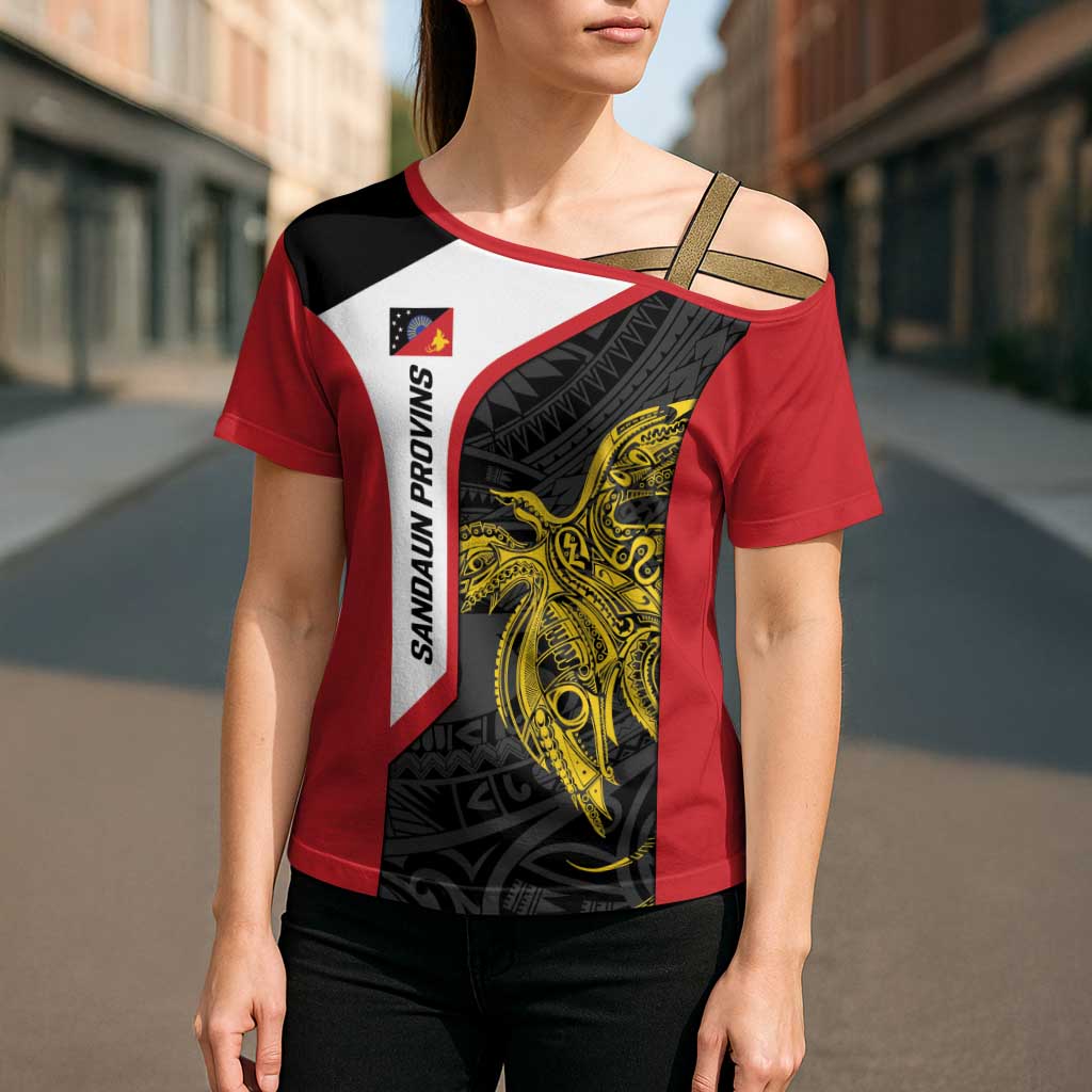 Personalised PNG Sandaun Province Cross Shoulder Shirt Bird of Paradise Tattoo Flag Motif - Polynesian Pride