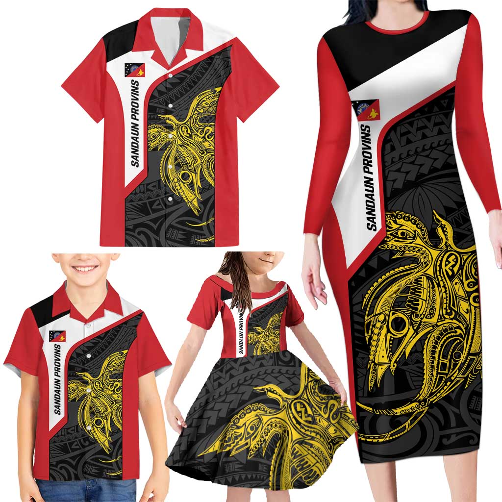 Personalised PNG Sandaun Province Family Matching Long Sleeve Bodycon Dress and Hawaiian Shirt Bird of Paradise Tattoo Flag Motif - Polynesian Pride