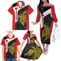Personalised PNG Sandaun Province Family Matching Off The Shoulder Long Sleeve Dress and Hawaiian Shirt Bird of Paradise Tattoo Flag Motif - Polynesian Pride